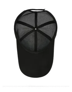 Detail view of the breathable mesh interior and adjustable strap of the black baseball cap