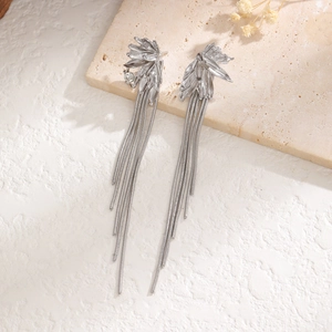 Silver leaf tassel earrings with rhinestone on stone base, elegant luxury jewelry for women