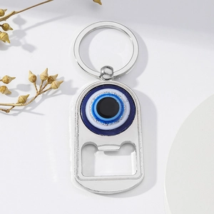 Porte-clés décapsuleur en métal argenté avec œil bleu Nazar et anneau robuste