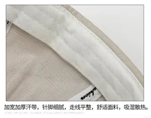 Detail of wide thickened sweatband and fine stitching inside the beige cotton docker hat