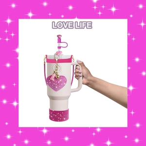 40oz beige tumbler with pink rhinestone boot heart charm and straw cover set
