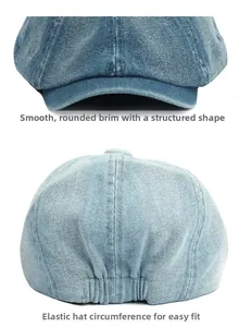 Detail of dark blue denim beret showing structured brim and elastic back band