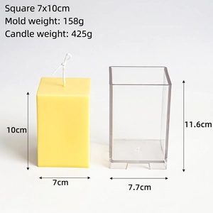 Detailed view of clear acrylic square candle mold with a 7x10cm finished yellow candle