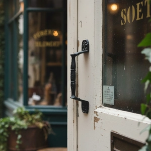 Vintage Nordic black cast iron door handle with engraved texture on a white rustic wooden door