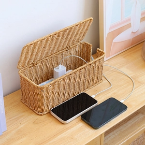 Woven Cable Management Organizer Faux Rattan Power Outlet Case Desktop Wire Hider Charging Cord Storage Home Office