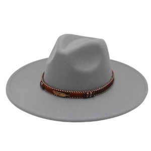 Exotic wide-brim grey wool fedora hat with braided band and gold feather detail