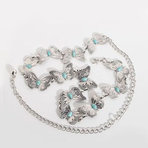 Bohemian silver metal waist chain with butterfly links and turquoise stones decoration