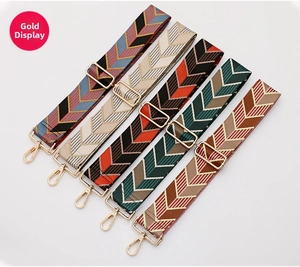 Detail of adjustable woven wide bag straps with gold-tone hardware and geometric patterns