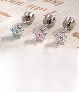 Detailed specs of mini flower cartilage stud earrings with blue pink white zircon stones