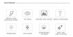 Detail of polarized sunglasses features: anti-glare, high definition, and impact resistance