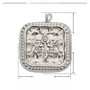 Square stainless steel pendant with star engraving and dimensions 16mm by 14mm