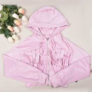 Pink velvet hooded crop sweatshirt with metal zipper and utility cargo pocket detail