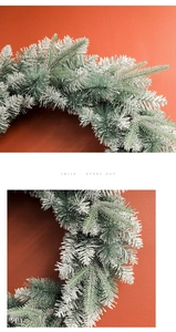 Close-up of frosted artificial pine needles on Christmas wreath with festive snow effect
