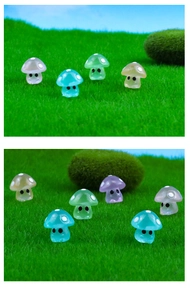Close-up of translucent mini resin mushroom figurines on green artificial turf