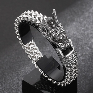 Vintage stainless steel dragon head bracelet with double-row woven chain for men
