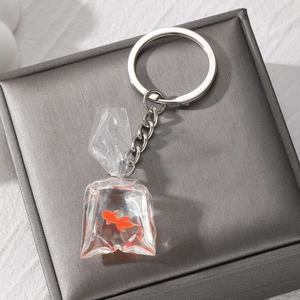 Creative resin goldfish water bag keychain with realistic orange fish and silver ring