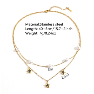 Double-layered stainless steel necklace with white pearl and black star pendant charms