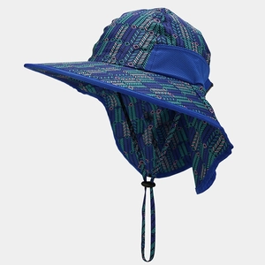 Detailed back view of children's blue sun hat with neck flap and geometric arrow print
