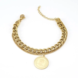 Double-layer gold titanium steel bracelet with Cuban chain and Elizabeth II coin pendant