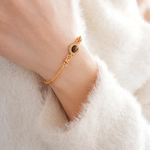 Vintage Oval Tiger Eye Stone Bracelet Copper 18K Gold Plated Zircon Inlaid Adjustable Luxury Jewelry For Women