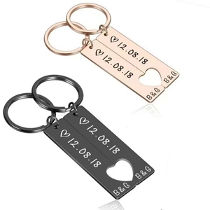 Custom stainless steel couple keychains with engraved dates and heart cutouts