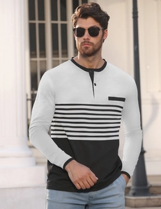 Detail view of men's slim fit Henley shirt with contrast stripes and chest pocket detail