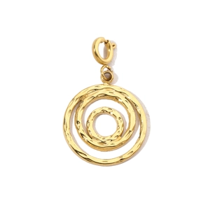 Macro detail of triple golden concentric rings with hammered texture and spring clasp