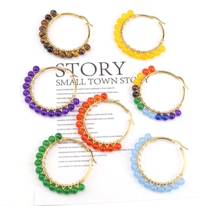 Bohemian gold stainless steel hoop earrings with colorful natural stone beads wrap