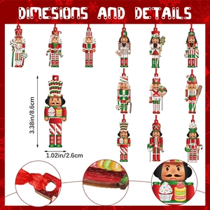 Infographic showing dimensions and craft details of 8.6cm wooden nutcracker ornaments