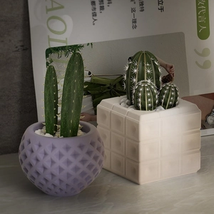 Modern geometric textured planter set with round purple and square white pots for decor
