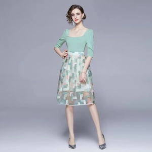Chic two-piece summer set with mint green square neck top and floral embroidery dress