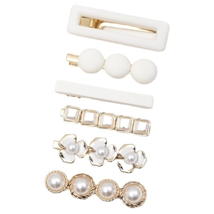 Set di 6 fermagli per capelli coreani bianchi e oro con perle e disegni a fiori geometrici