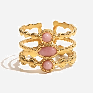 Triple Layer Open Ring Stainless Steel Pink Rhodonite Gemstone Retro French Style Adjustable Jewelry For Women