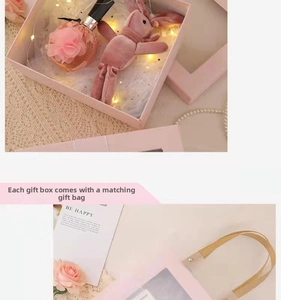 Detailed view of a pink gift box with a plush bunny, LED lights, and matching carrier bag