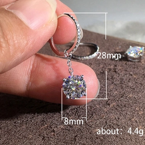 Silver drop earrings with 8mm round zircon and tassel chain, total length 28mm