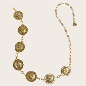 Vintage gold metal waist chain with circular floral pattern plates for dresses