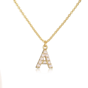Elegant gold-plated alphabet A necklace with white pearls on a clean white background