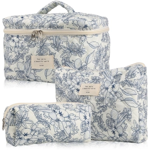 3-piece quilted cotton floral makeup bag set with blue flower patterns in white background