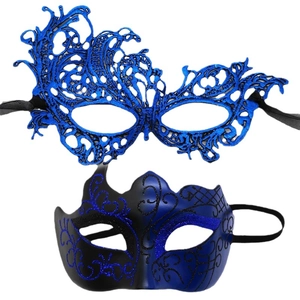 Blue lace masquerade mask set with phoenix glitter eye mask for party and club ball