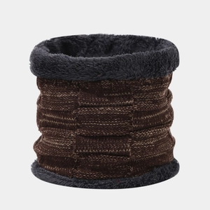 Detail of dark brown knitted neck warmer with thick gray fleece lining for winter warmth