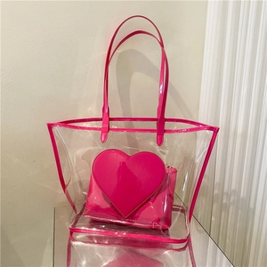 Transparent Jelly Tote Bag Heart Shaped Inner Pouch PVC Large Capacity Women Shoulder Handbag Trendy Casual