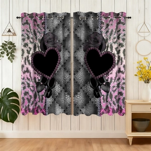 Detail of pink leopard and rose print velvet curtains with metal grommets
