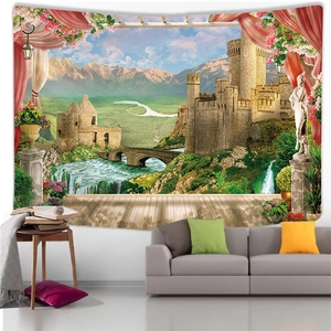 European castle mountain landscape tapestry hanging as a modern living room wall decoration