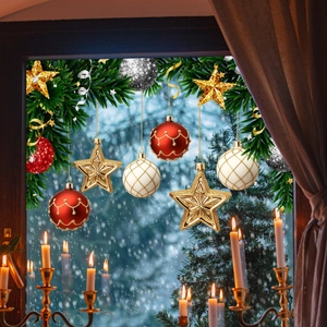 Golden stars and colorful Christmas ball static window stickers with pine branch decorations