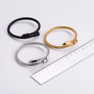 Detailed size measurement of twisted cable cuff bracelets in black, gold, and silver colors