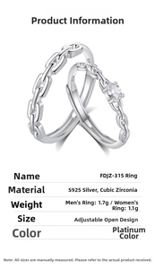 Detail view of S925 sterling silver couple rings with chain link pattern and cubic zirconia