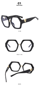 Three-way view of black hexagon glasses frames with gold V-shaped metal temple details