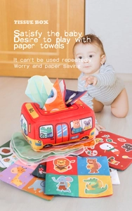 Infant sensory toy bus with colorful animal cloth tissues and soft textured crinkle paper