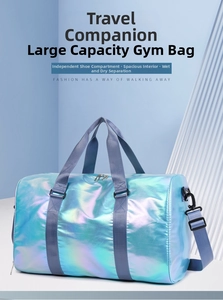 Macro detail of holographic gradient fitness bag with independent shoe compartment and dry-wet pocket