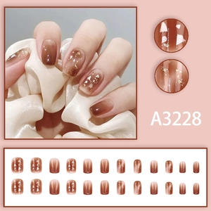 Short square press-on nails with amber gradient and gold glitter, 24-piece full set